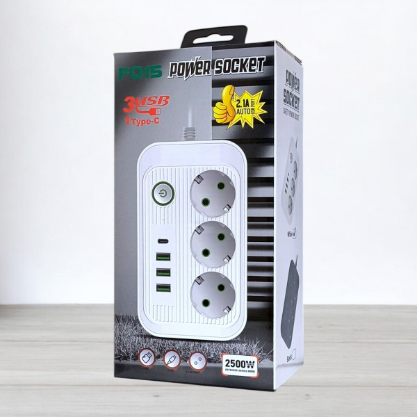 Мережевий фільтр з вимикачем Power Socket F015 на 3 розетки, 3 USB, 1 Type-C, 2500W, довжина 2м